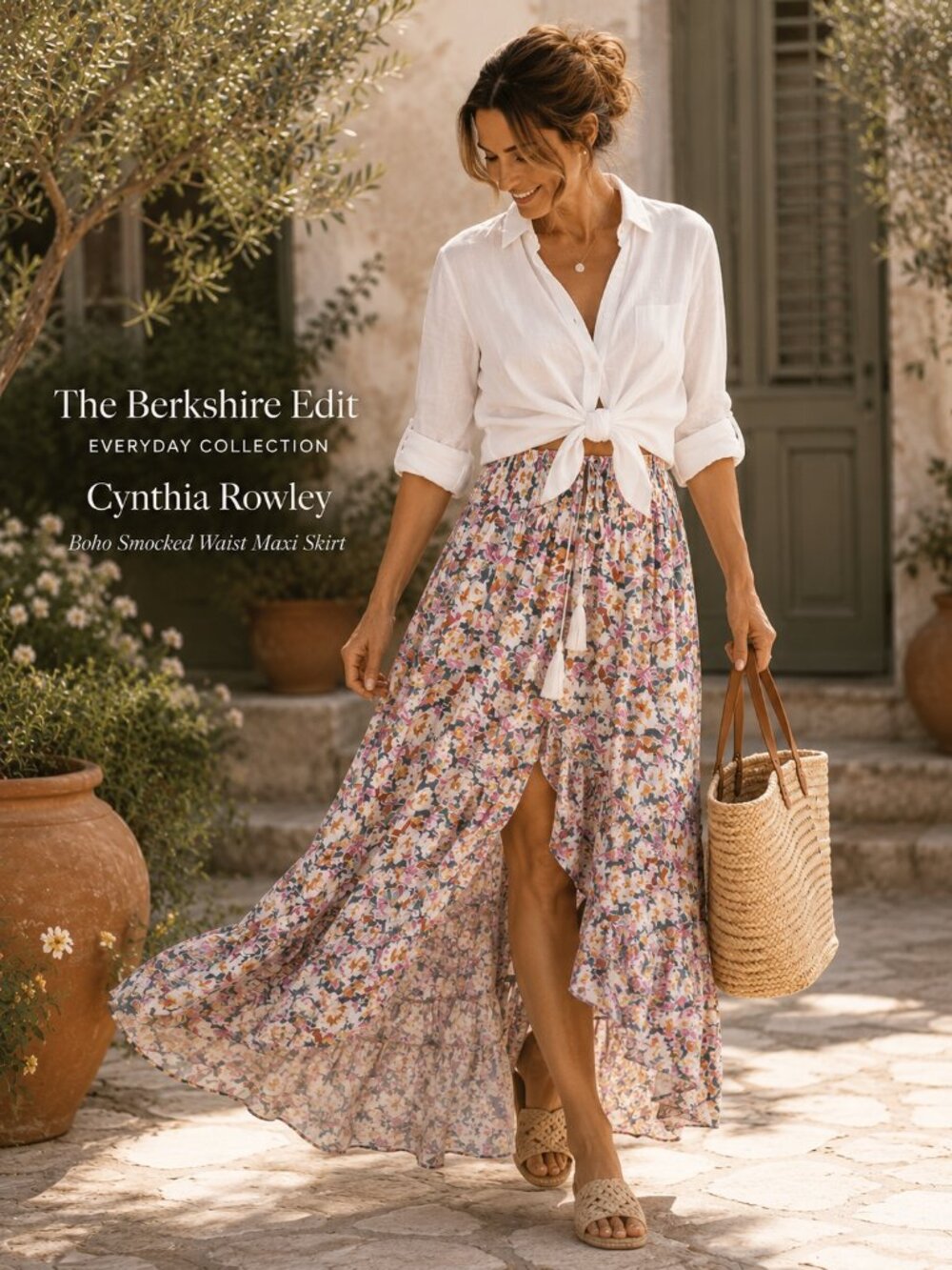 Cynthia Rowley Floral Boho Maxi Skirt Smocked Waist Rayon Size L